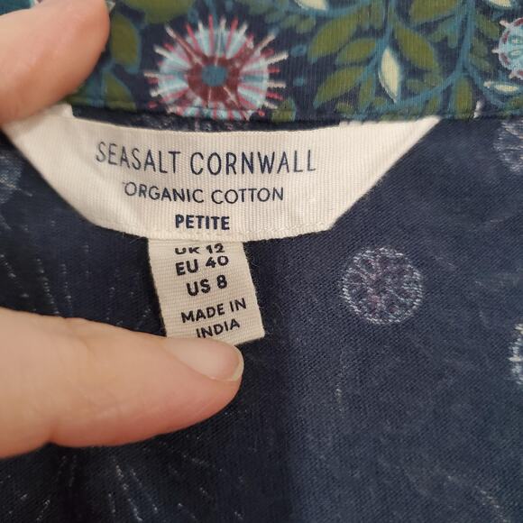 Seasalt Cornwall Dress Womens 8 Petite Blue Green Floral Organic Cotton A Line - Picture 3 of 8